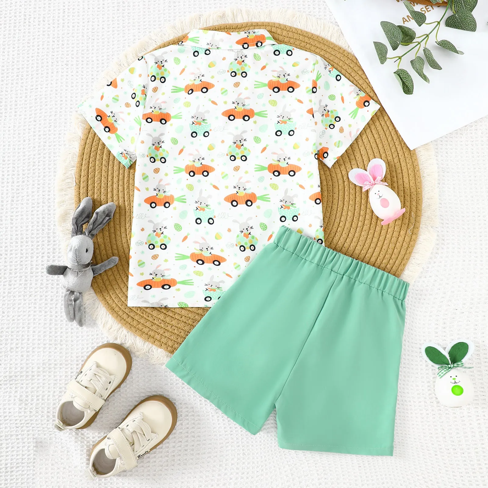 2 Pieces Set Baby Kid Boys Easter Animals Car Cartoon Shirts And Solid Color Shorts Wholesale 25021010