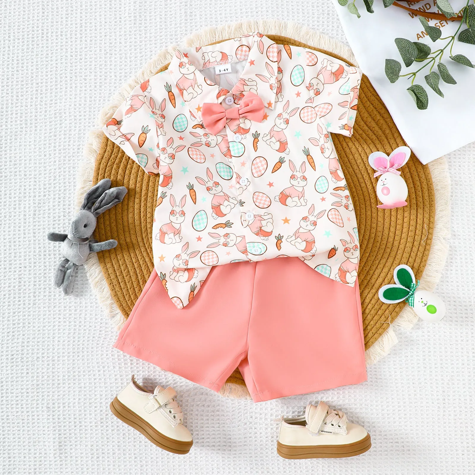 2 Pieces Set Baby Kid Boys Easter Animals Car Cartoon Shirts And Solid Color Shorts Wholesale 25021010
