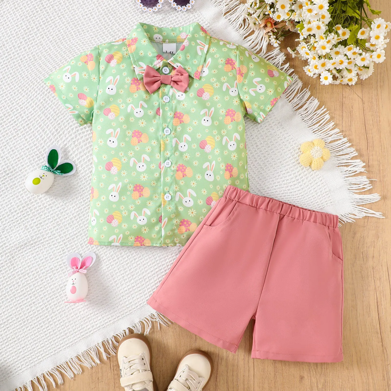 2 Pieces Set Baby Kid Boys Easter Animals Car Cartoon Shirts And Solid Color Shorts Wholesale 25021010