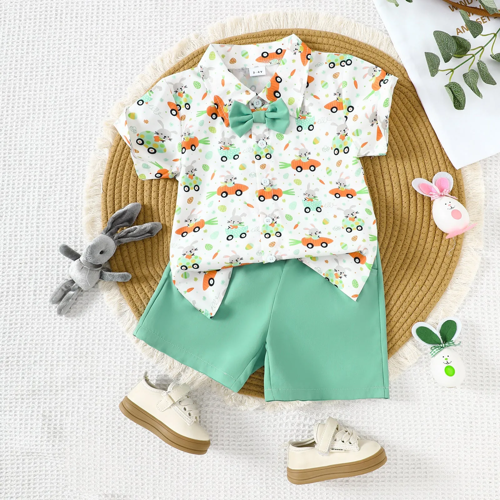 2 Pieces Set Baby Kid Boys Easter Animals Car Cartoon Shirts And Solid Color Shorts Wholesale 25021010