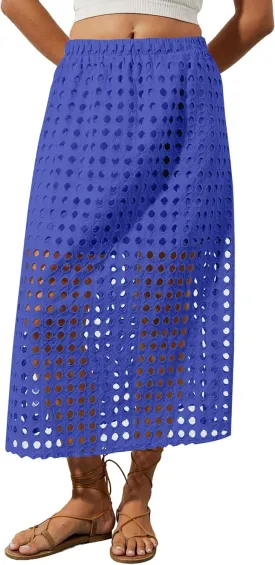 2025 Summer Casual Long Skirt for Women Hollow Out Midi Skirt Eyelet Beach Skirt