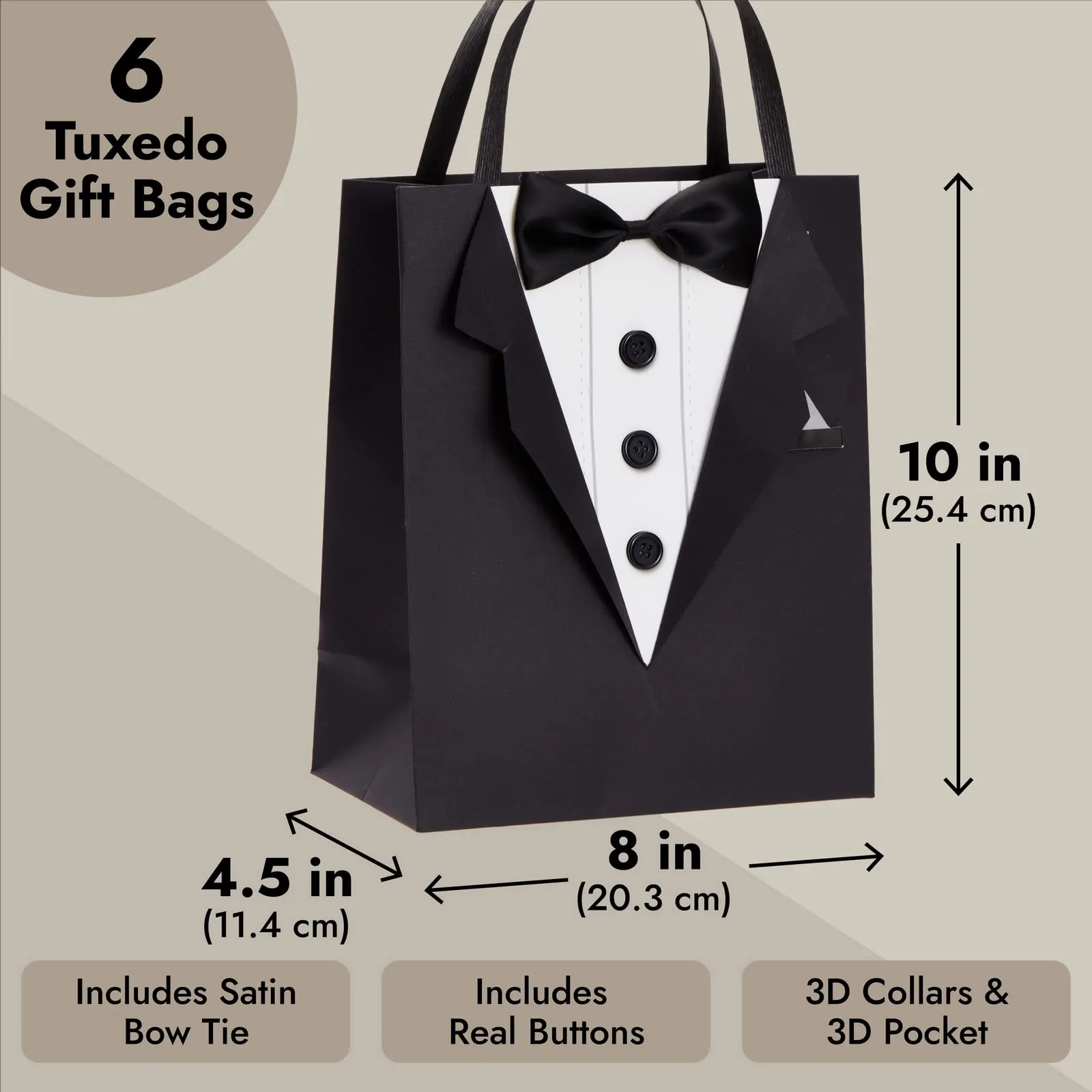 6 Pack Gift Bags with 3D Tuxedo Design, Satin Bow Tie, Real Buttons for Wedding Groomsmen Gifts for Bachelor Birthday, Bachelor Party Gift Favors Celebration (Black, 8 x 4.5 x 10 Inches)