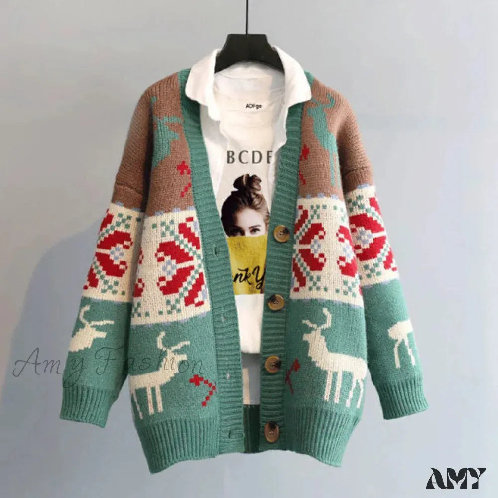 Amy Fashion - Fashion Deer Cartoon Print Sweater