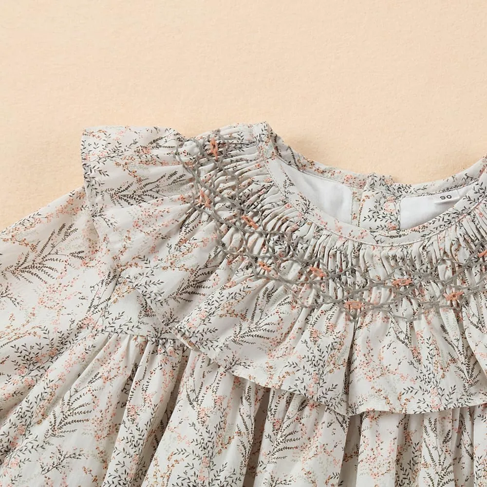 Baby Girls Long Sleeve Smocking Clothing Toddler Fall Floral Smocked Dress Vintage Dresses for Christmas Birthday Holiday