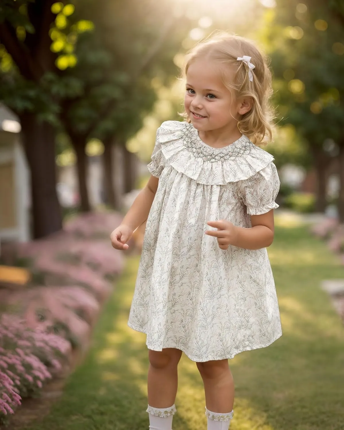 Baby Girls Long Sleeve Smocking Clothing Toddler Fall Floral Smocked Dress Vintage Dresses for Christmas Birthday Holiday