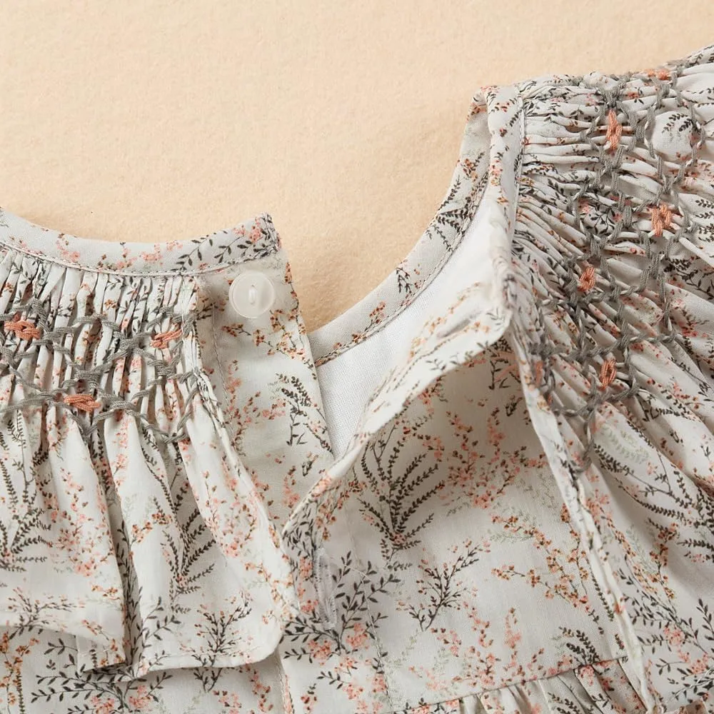Baby Girls Long Sleeve Smocking Clothing Toddler Fall Floral Smocked Dress Vintage Dresses for Christmas Birthday Holiday