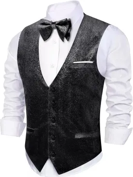 Barry.Wang Mens Shiny Vest V-neck Silm Fit Suit Waistcoat Bowtie Set Party Prom Tuxedo Formal Casual