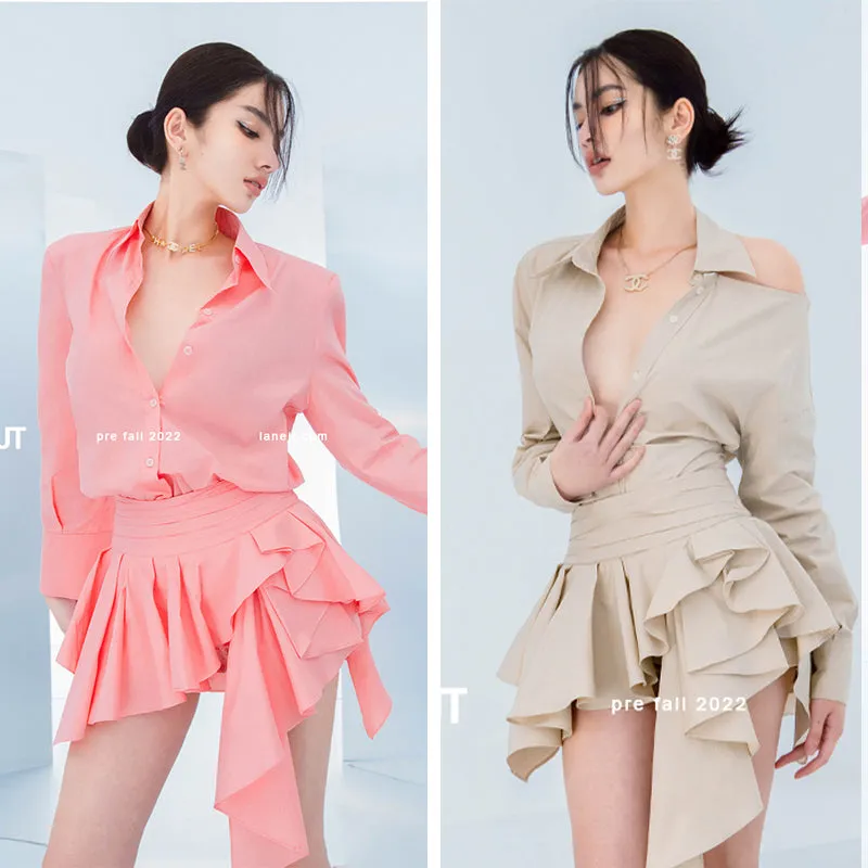 Beige Autumn new long-sleeved ruffled waist up and down suits- Delia