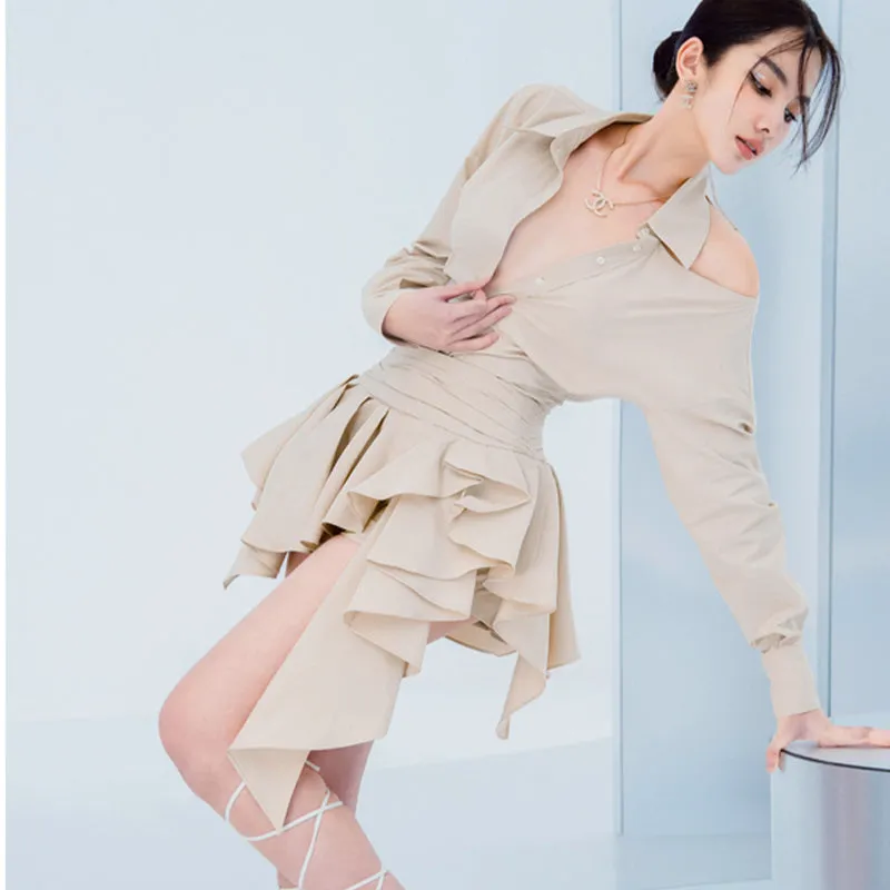 Beige Autumn new long-sleeved ruffled waist up and down suits- Delia