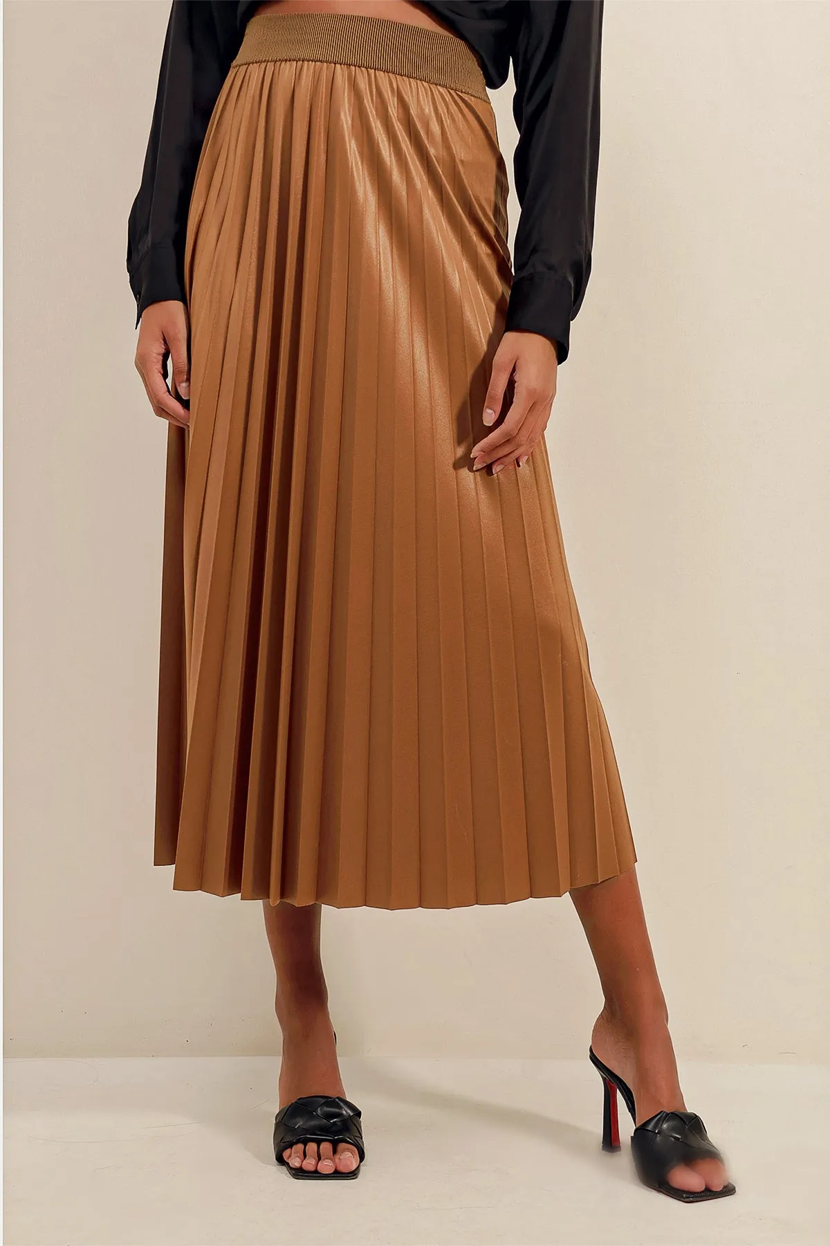 BGD Women Faux Leather Pleated Skirt - Tan - Avondale