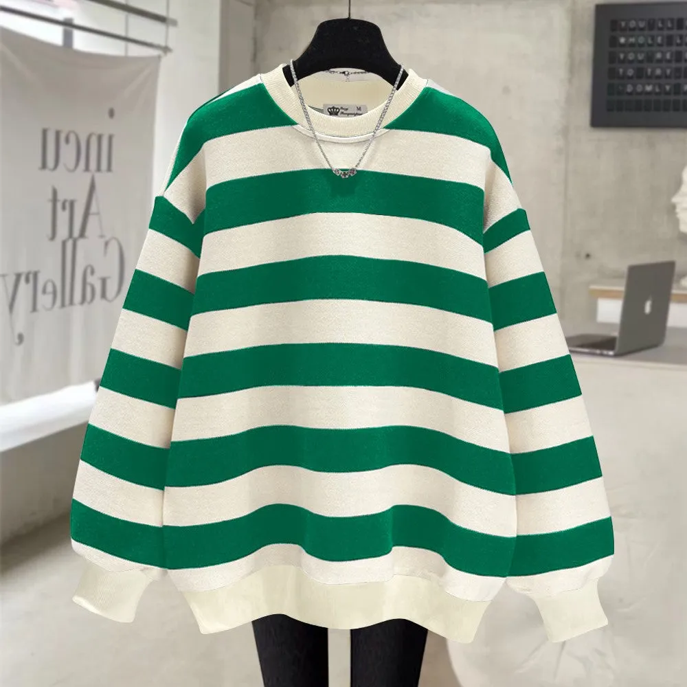 Black and white striped sweatshirt women mid-length top