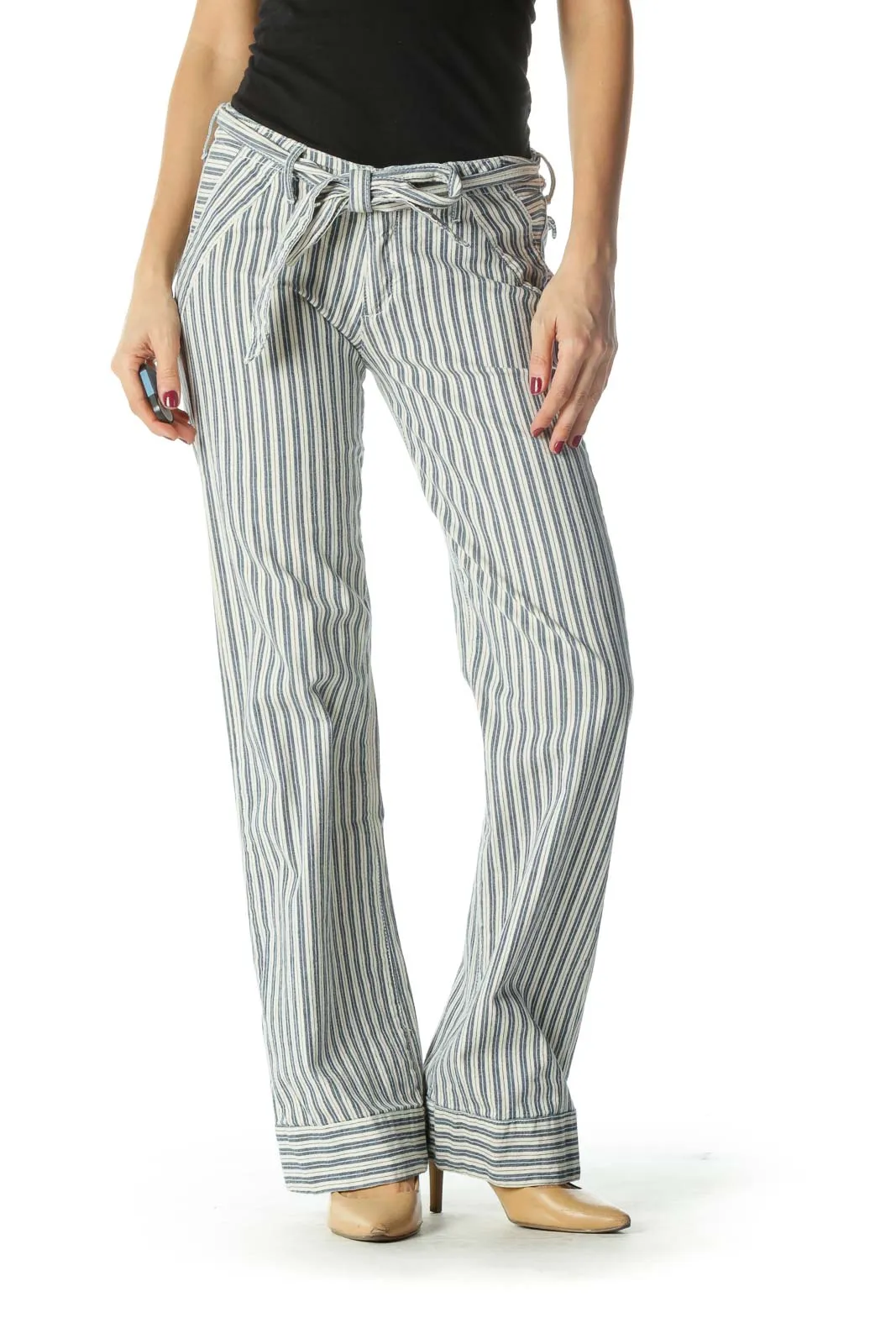 Blue and Cream Striped Wide-Leg Pants