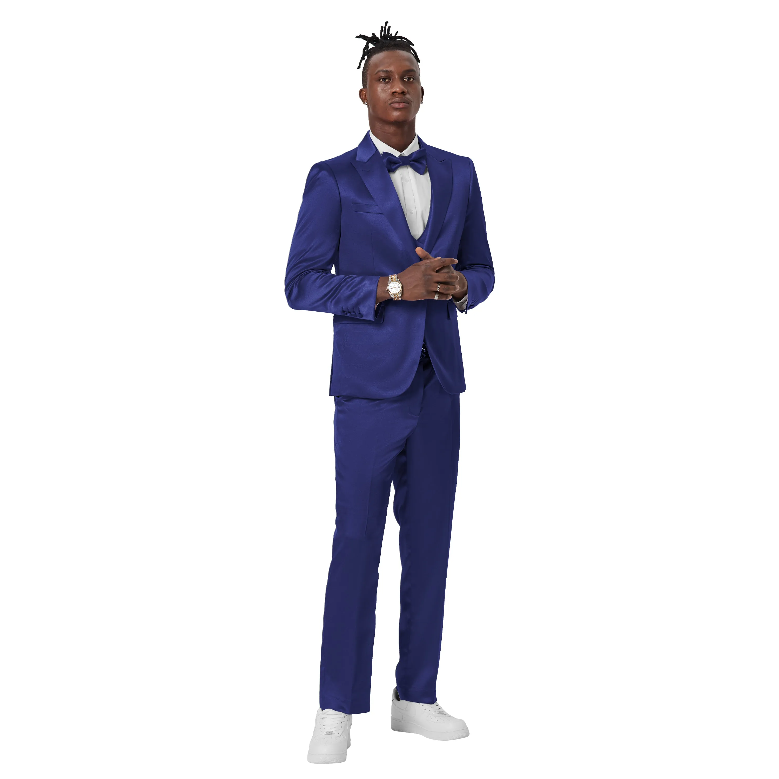 Blue Solid Shiny U-Shape Vest Mens-suit