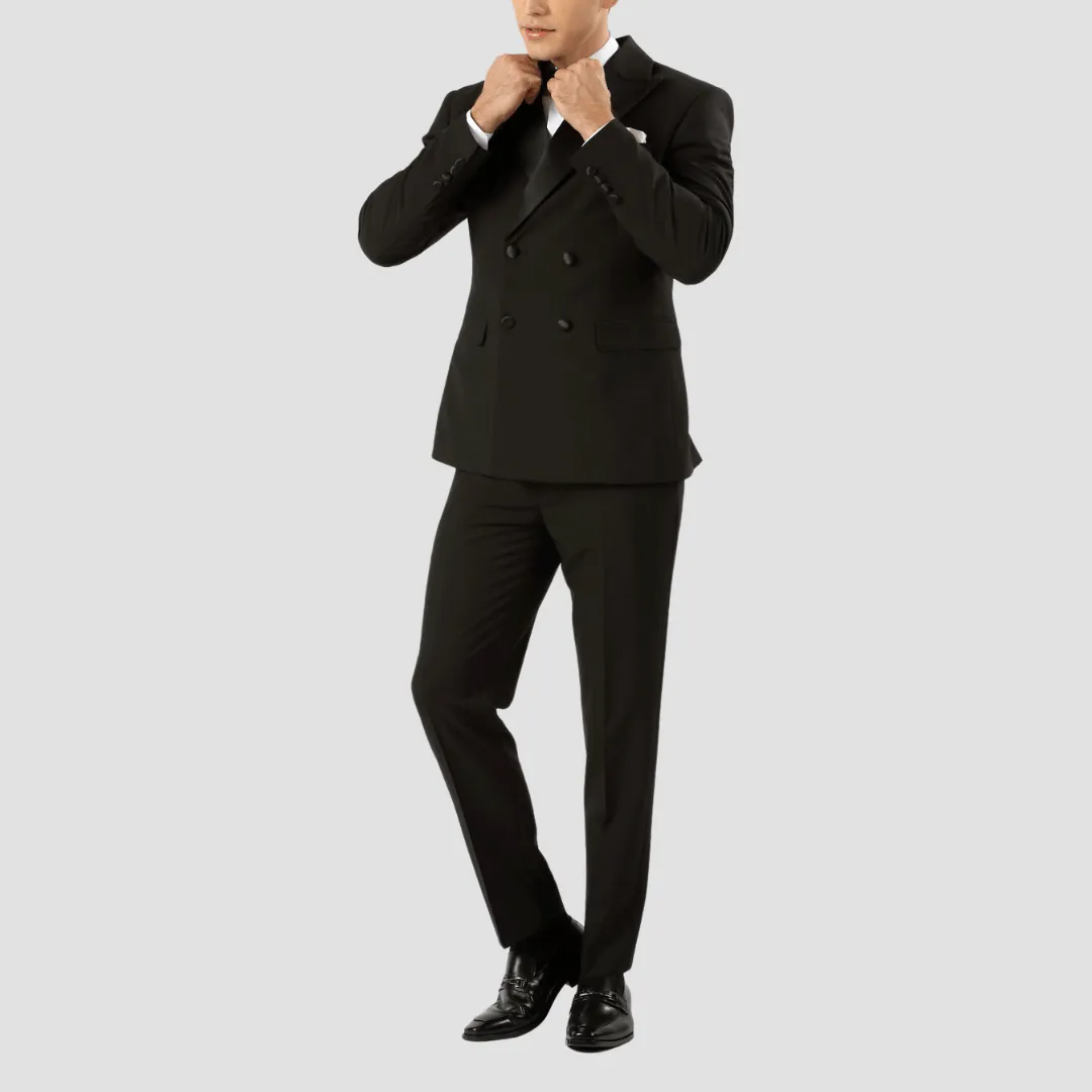 Boulvandre Mens Slim Fit Double Breasted Satin Lapel Tuxedo in Black - Big Mens Sizes