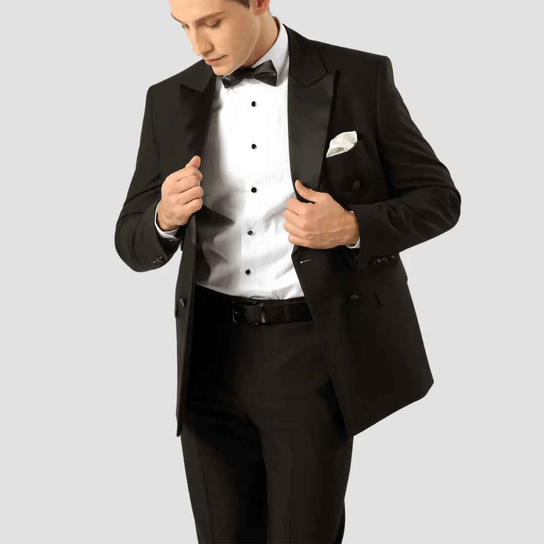 Boulvandre Mens Slim Fit Double Breasted Satin Lapel Tuxedo in Black