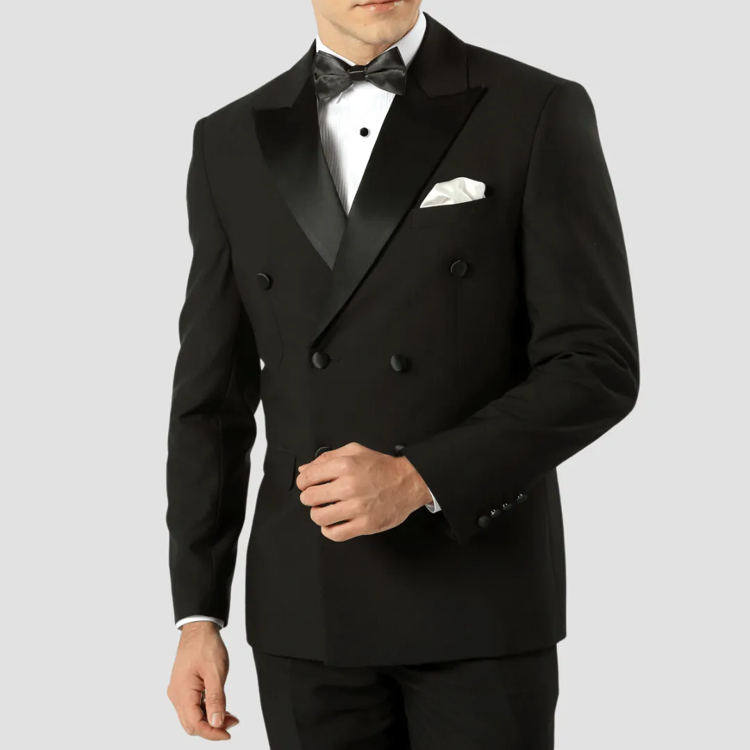 Boulvandre Mens Slim Fit Double Breasted Satin Lapel Tuxedo in Black
