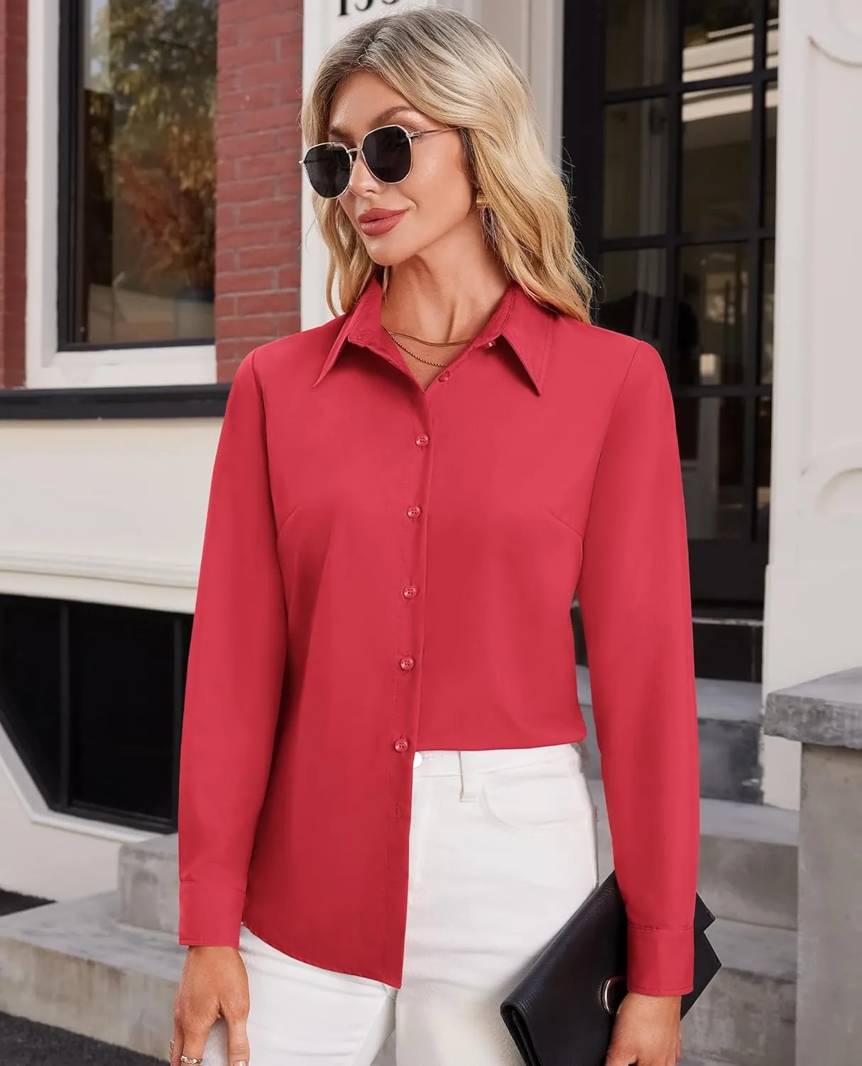 Button Down Shirts for Women Business Casual Blouses Long Sleeve Fit Dress Shirt Collar Wrinkle Free Work Tops