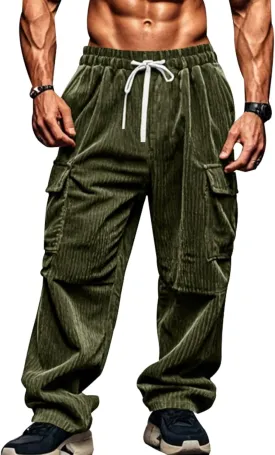 Corduroy Pants Men Vintage Loose Straight Leg Cargo Sweatpants Loose Elastic Waist Track Gym Trendy Trousers Pockets