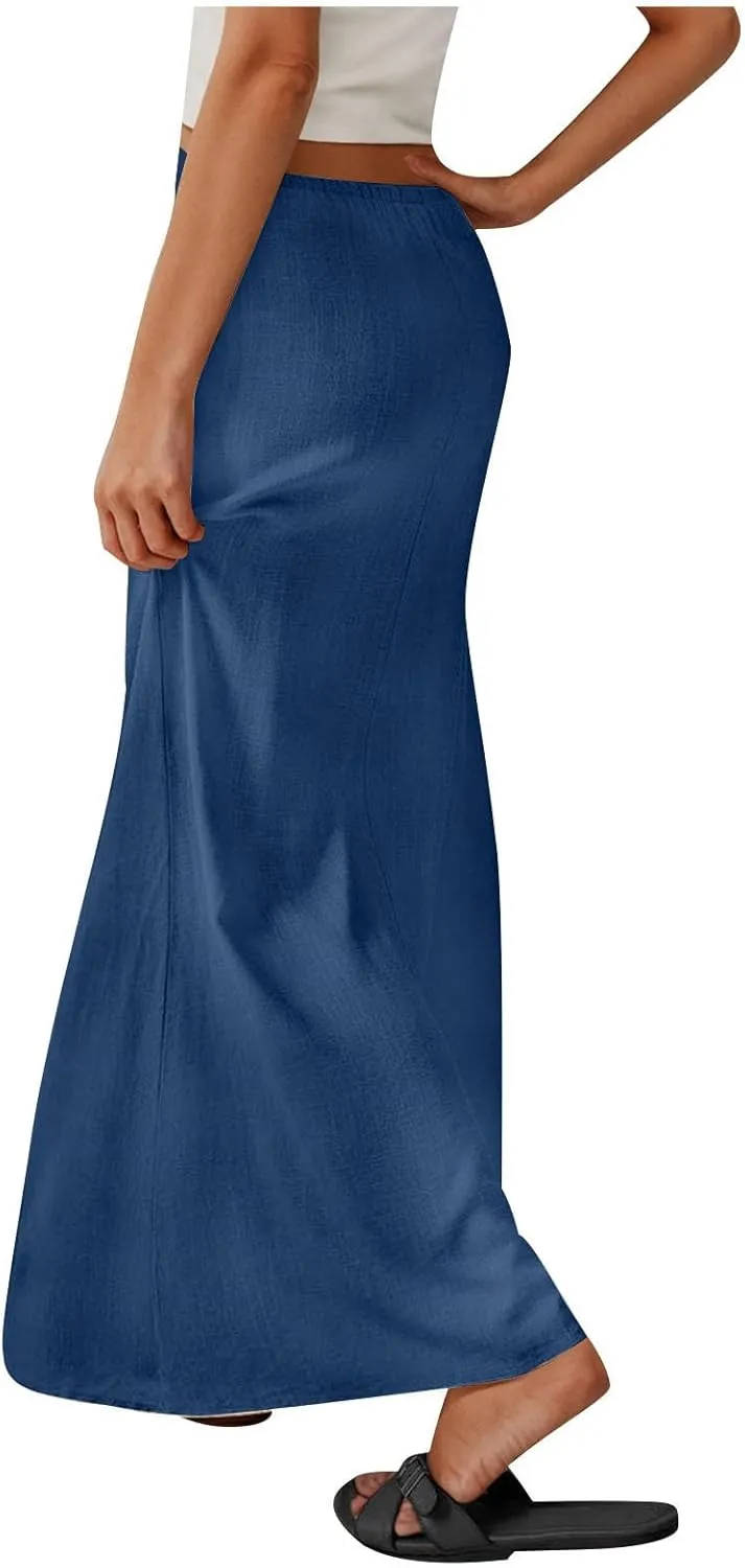 Cotton Linen Maxi Skirts for Women 2025 Drawstring Elastic High Rise Dress A Line Cute Vacation Boho Long Flowy Skirts