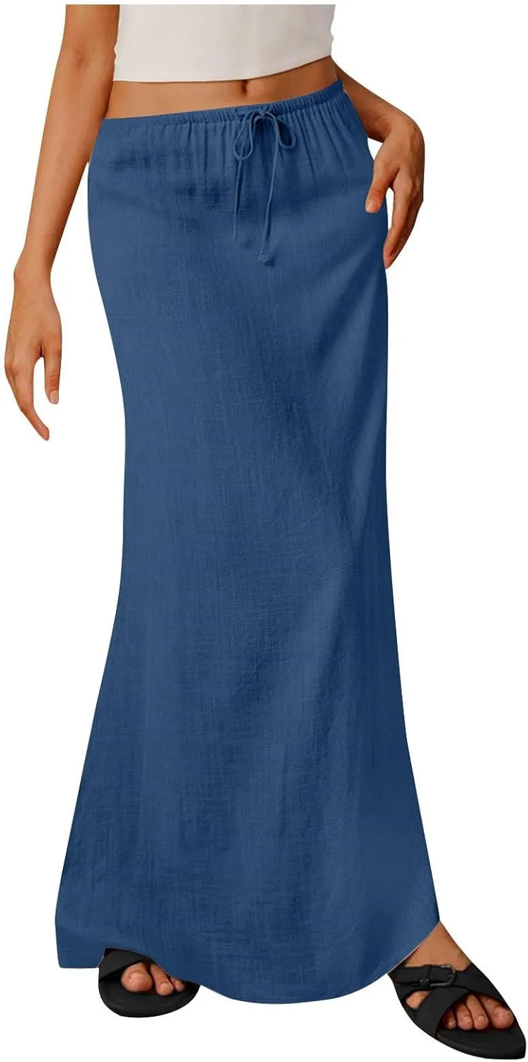 Cotton Linen Maxi Skirts for Women 2025 Drawstring Elastic High Rise Dress A Line Cute Vacation Boho Long Flowy Skirts