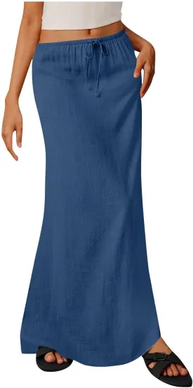 Cotton Linen Maxi Skirts for Women 2025 Drawstring Elastic High Rise Dress A Line Cute Vacation Boho Long Flowy Skirts