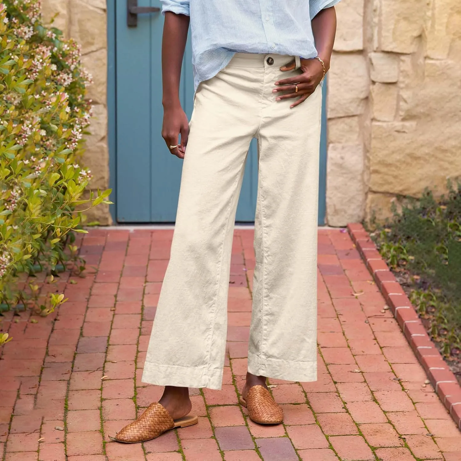 Cropped Linen Pants Women Summer Flare Wide Leg Pants High Waisted Work Pants Business Casual Bootcut Trouser Pants