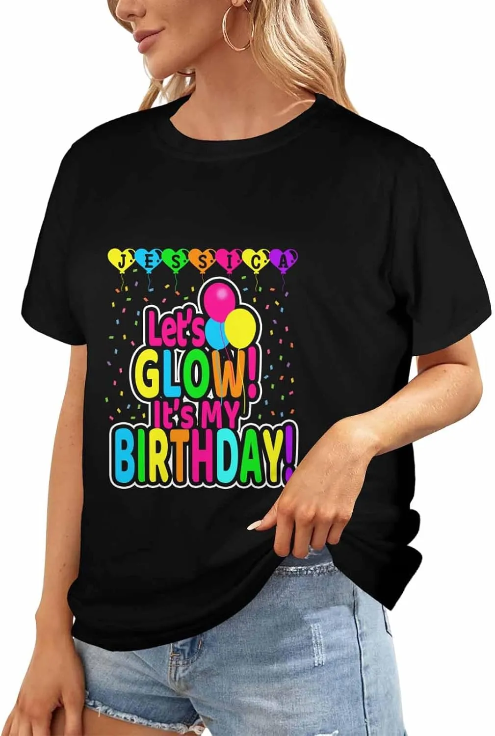 Custom Personalized Name Party Tee, Women's Glow in The Dark T-Shirt, Glow Birthday T-Shirt for Girl Mom Girlfriend Wife