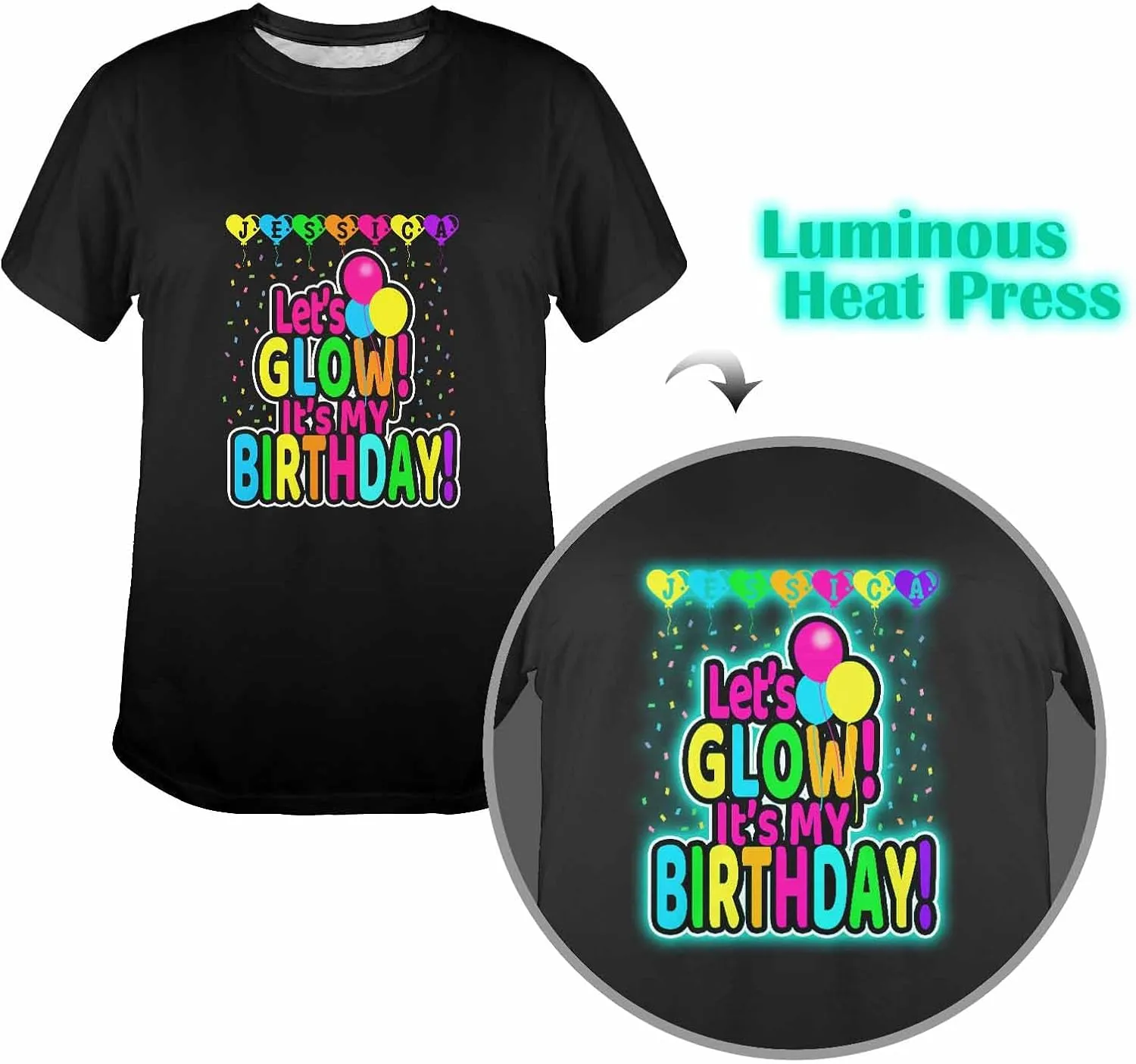Custom Personalized Name Party Tee, Women's Glow in The Dark T-Shirt, Glow Birthday T-Shirt for Girl Mom Girlfriend Wife