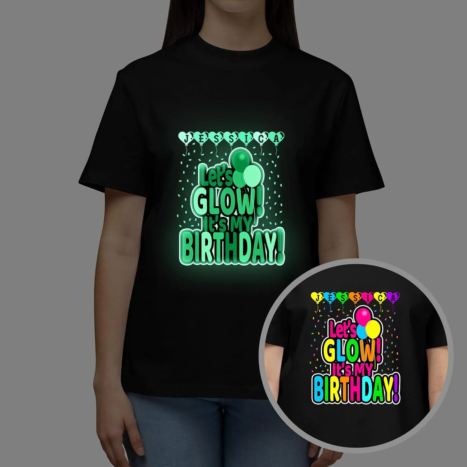 Custom Personalized Name Party Tee, Women's Glow in The Dark T-Shirt, Glow Birthday T-Shirt for Girl Mom Girlfriend Wife