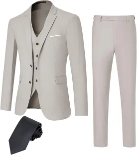 DEETRUST Men's 3 Piece Slim Fit Suit Set, 2 Button Blazer Jacket Vest Pants with Tie, Mens Suit for Party, Wedding & Business