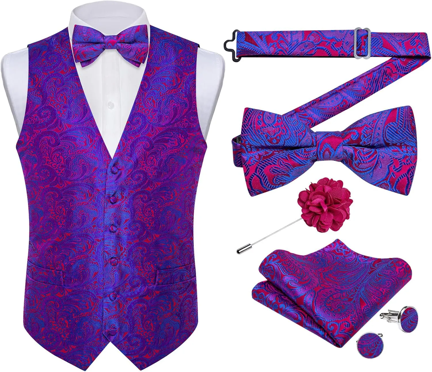 DiBanGu Silk Paisley Vest for Men Formal Suit Waistcoat and Bowtie Lapel Pin Set 7PCS Dress Vest for Suit or Tuxedo