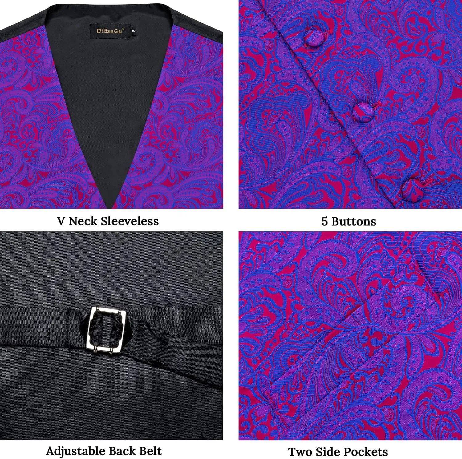 DiBanGu Silk Paisley Vest for Men Formal Suit Waistcoat and Bowtie Lapel Pin Set 7PCS Dress Vest for Suit or Tuxedo