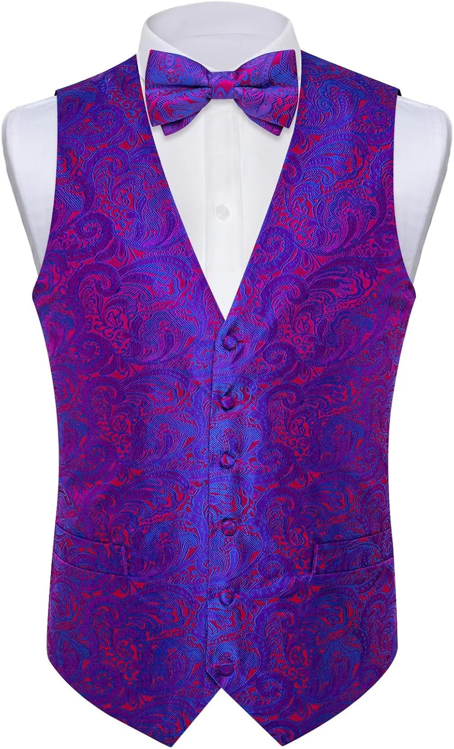 DiBanGu Silk Paisley Vest for Men Formal Suit Waistcoat and Bowtie Lapel Pin Set 7PCS Dress Vest for Suit or Tuxedo