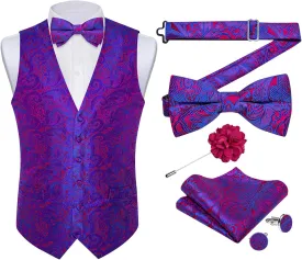DiBanGu Silk Paisley Vest for Men Formal Suit Waistcoat and Bowtie Lapel Pin Set 7PCS Dress Vest for Suit or Tuxedo