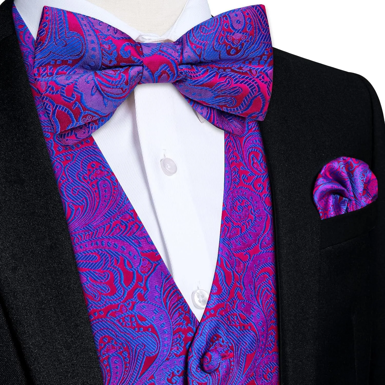 DiBanGu Silk Paisley Vest for Men Formal Suit Waistcoat and Bowtie Lapel Pin Set 7PCS Dress Vest for Suit or Tuxedo