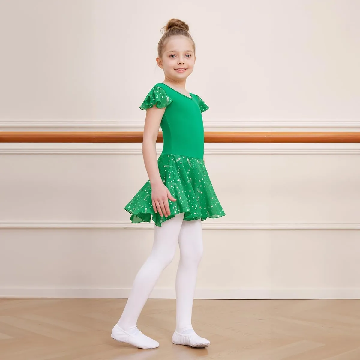 DIPUG Girls Ballet Leotards Toddler Shiny Dance Leotard Dresses with Ruffle Sleeve
