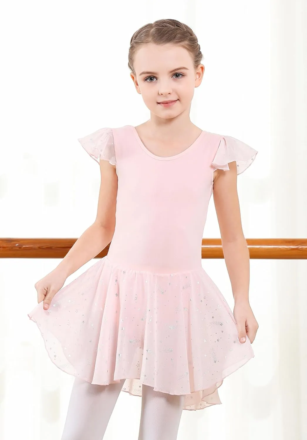 DIPUG Girls Ballet Leotards Toddler Shiny Dance Leotard Dresses with Ruffle Sleeve