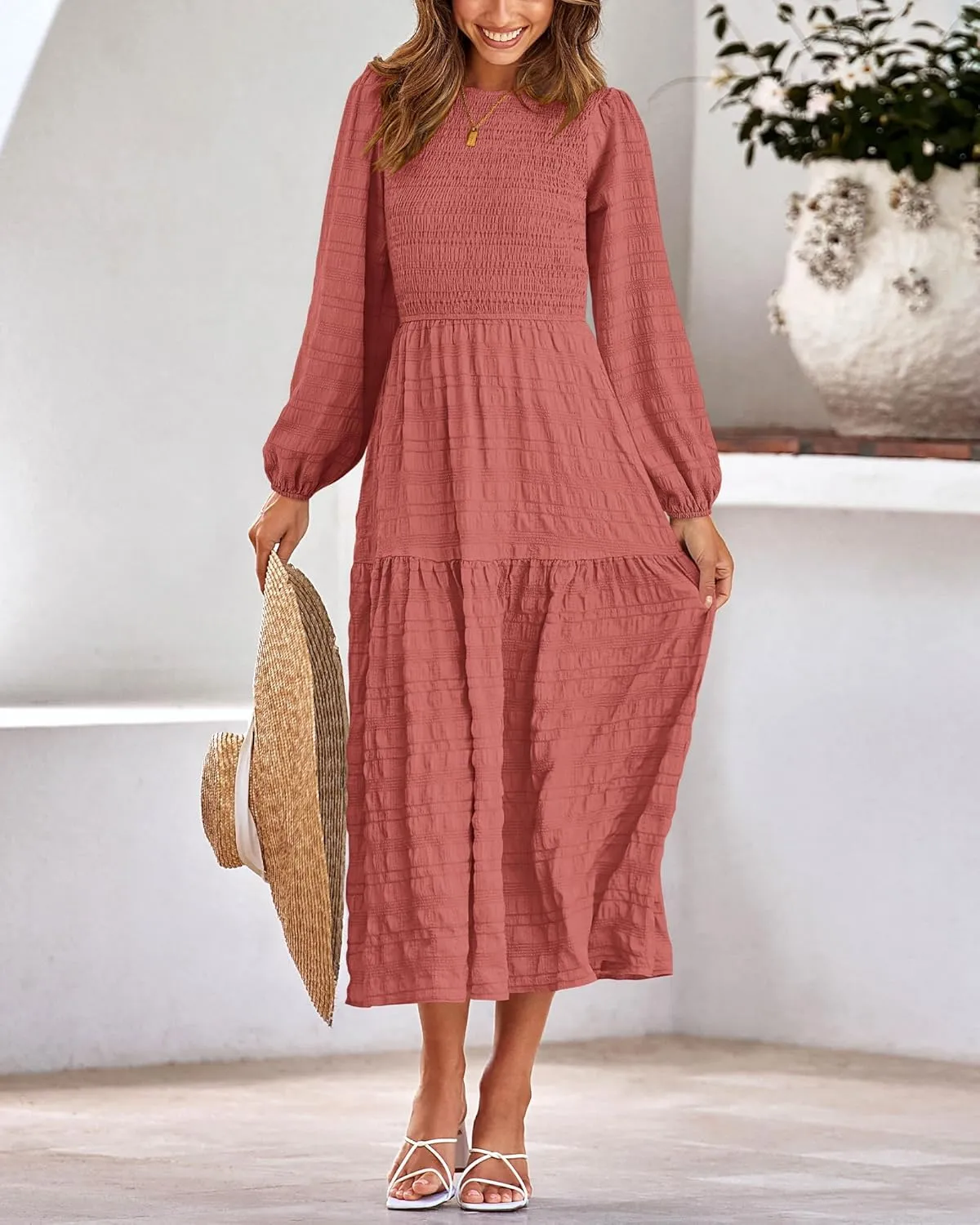 dowerme Women's Spring Dresses 2025 Long Sleeve Crewneck Smocked Tiered Flowy Boho Maxi Sundress Beach Vacation Clothes