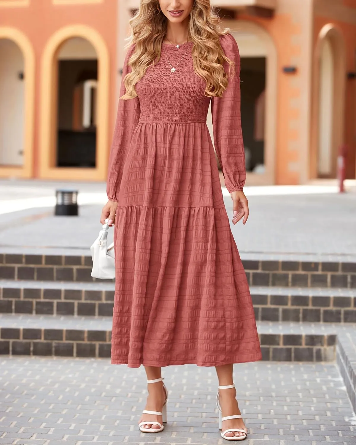 dowerme Women's Spring Dresses 2025 Long Sleeve Crewneck Smocked Tiered Flowy Boho Maxi Sundress Beach Vacation Clothes