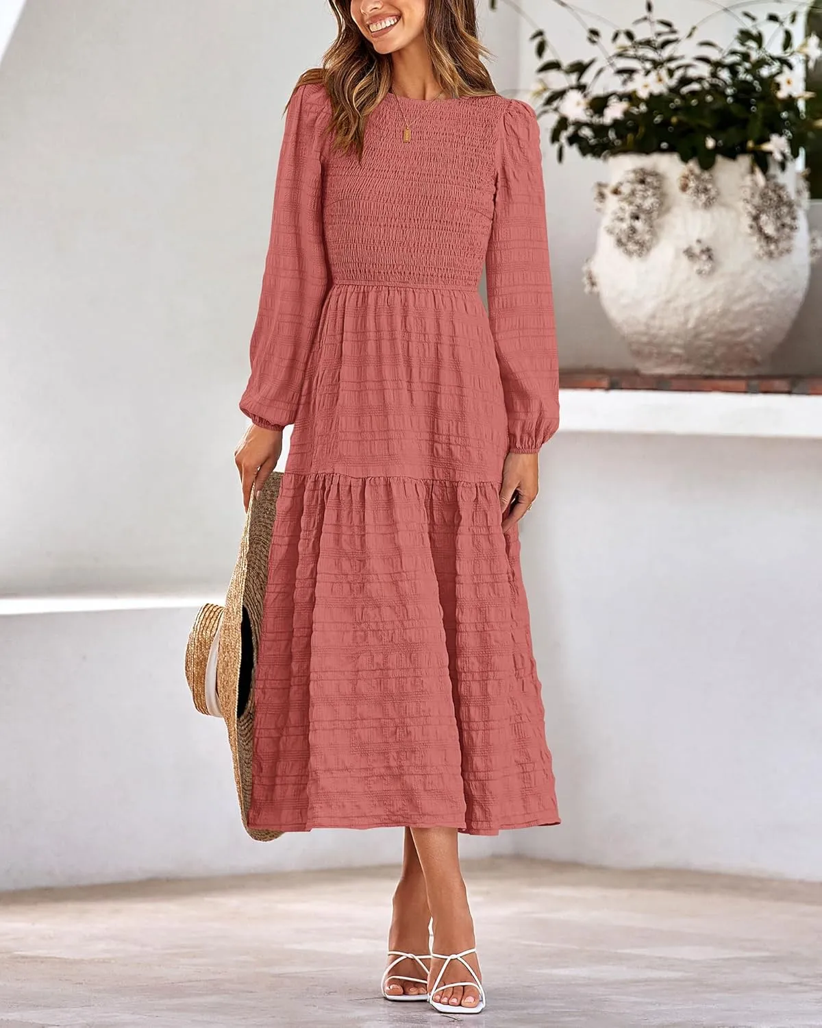 dowerme Women's Spring Dresses 2025 Long Sleeve Crewneck Smocked Tiered Flowy Boho Maxi Sundress Beach Vacation Clothes