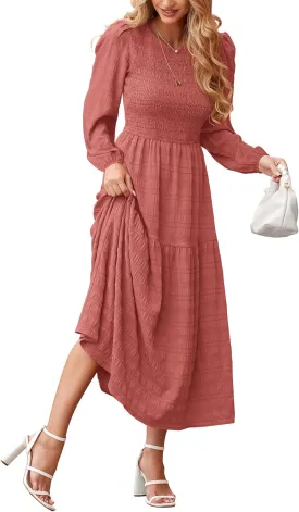 dowerme Women's Spring Dresses 2025 Long Sleeve Crewneck Smocked Tiered Flowy Boho Maxi Sundress Beach Vacation Clothes