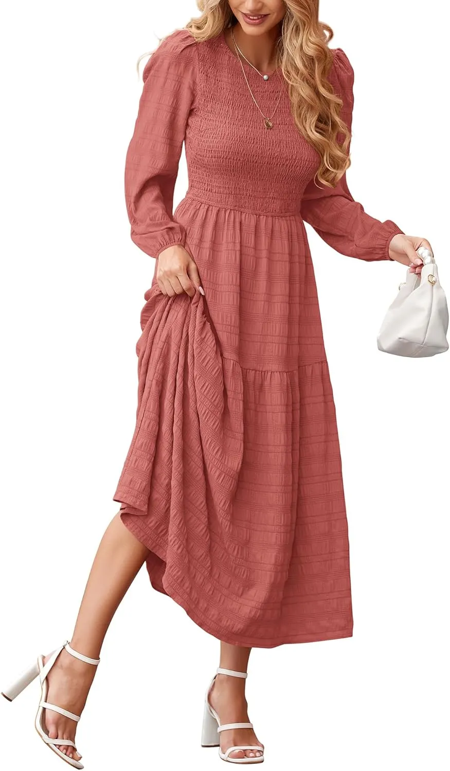 dowerme Women's Spring Dresses 2025 Long Sleeve Crewneck Smocked Tiered Flowy Boho Maxi Sundress Beach Vacation Clothes