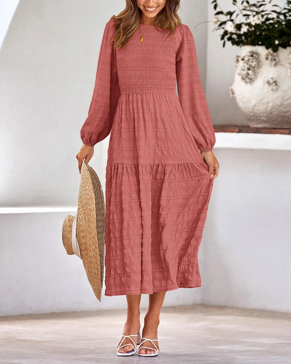 dowerme Women's Spring Dresses 2025 Long Sleeve Crewneck Smocked Tiered Flowy Boho Maxi Sundress Beach Vacation Clothes