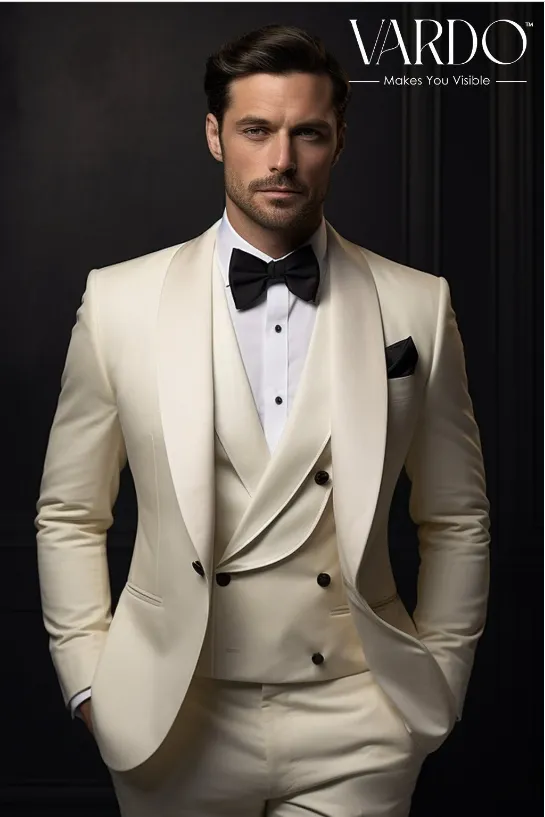 Elegant Ivory Tuxedo Suit for Men - Classic Wedding Suit-Tailored Suit-The Rising Sun store, Vardo
