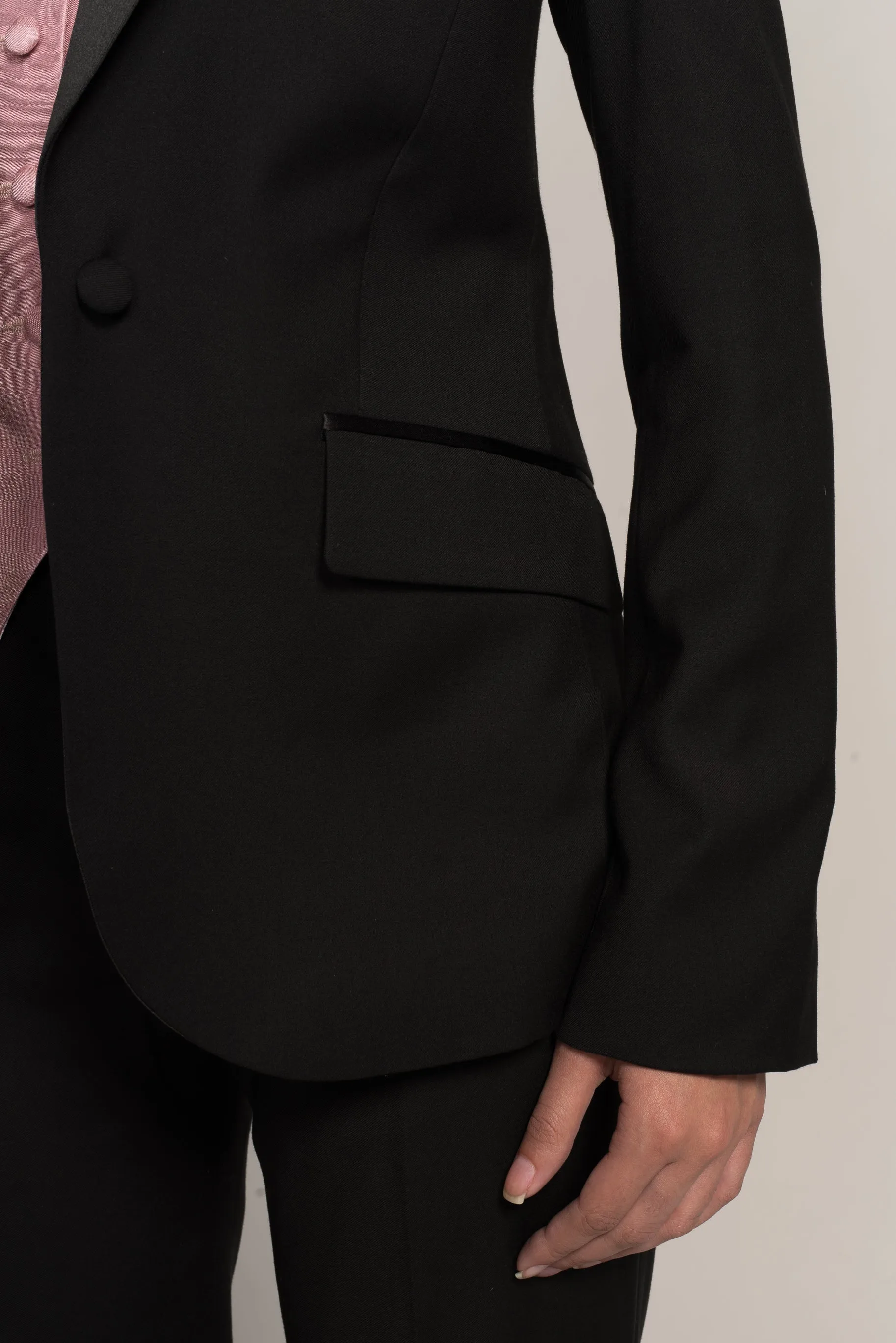 End Of Line-Limited Sizes- Classic Black Short Peak Lapel Tuxedo Suit ( No Tuxedo Stripe On Pants)(Two Piece) (Slim Fit)