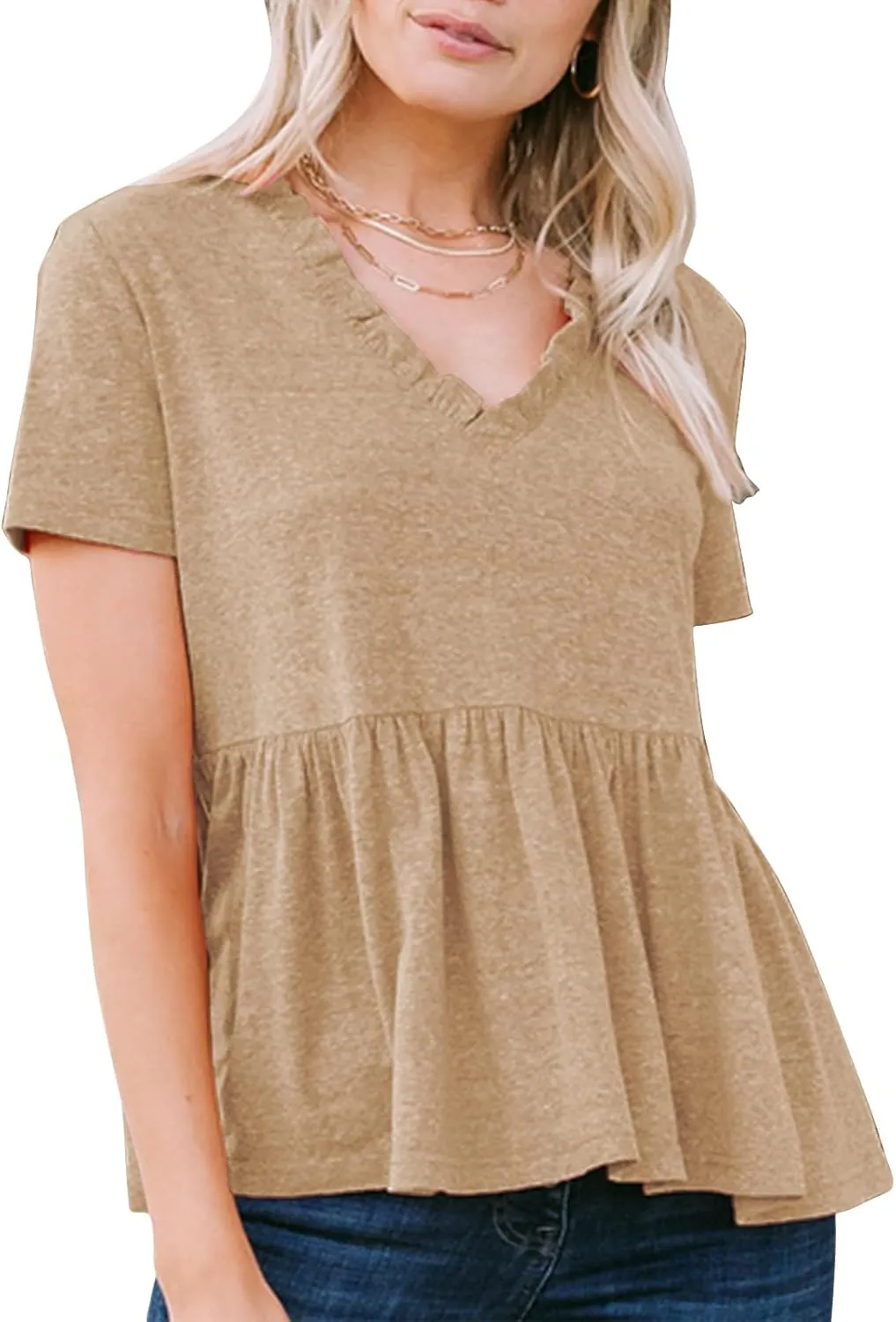 EXLURA Women's Summer Crop Babydoll Peplum Tops Cute V Neck Short Sleeve Business Casual Trendy T Shirts Beach Vacation 2025