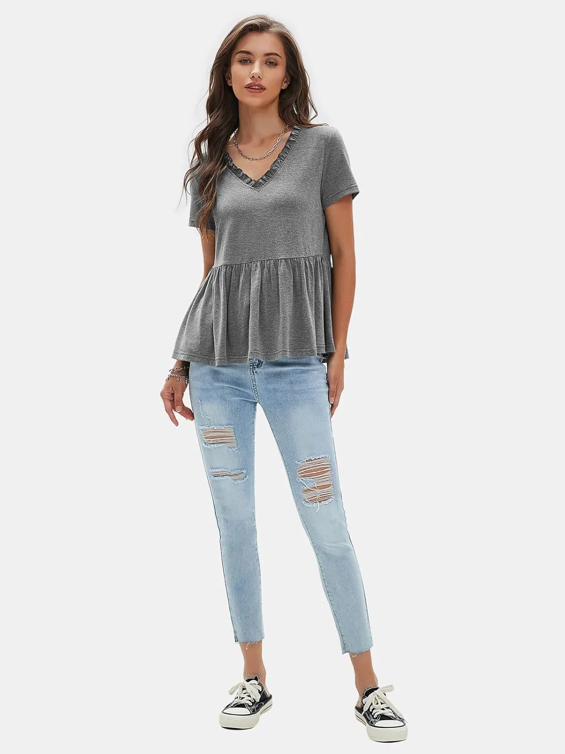 EXLURA Women's Summer Crop Babydoll Peplum Tops Cute V Neck Short Sleeve Business Casual Trendy T Shirts Beach Vacation 2025