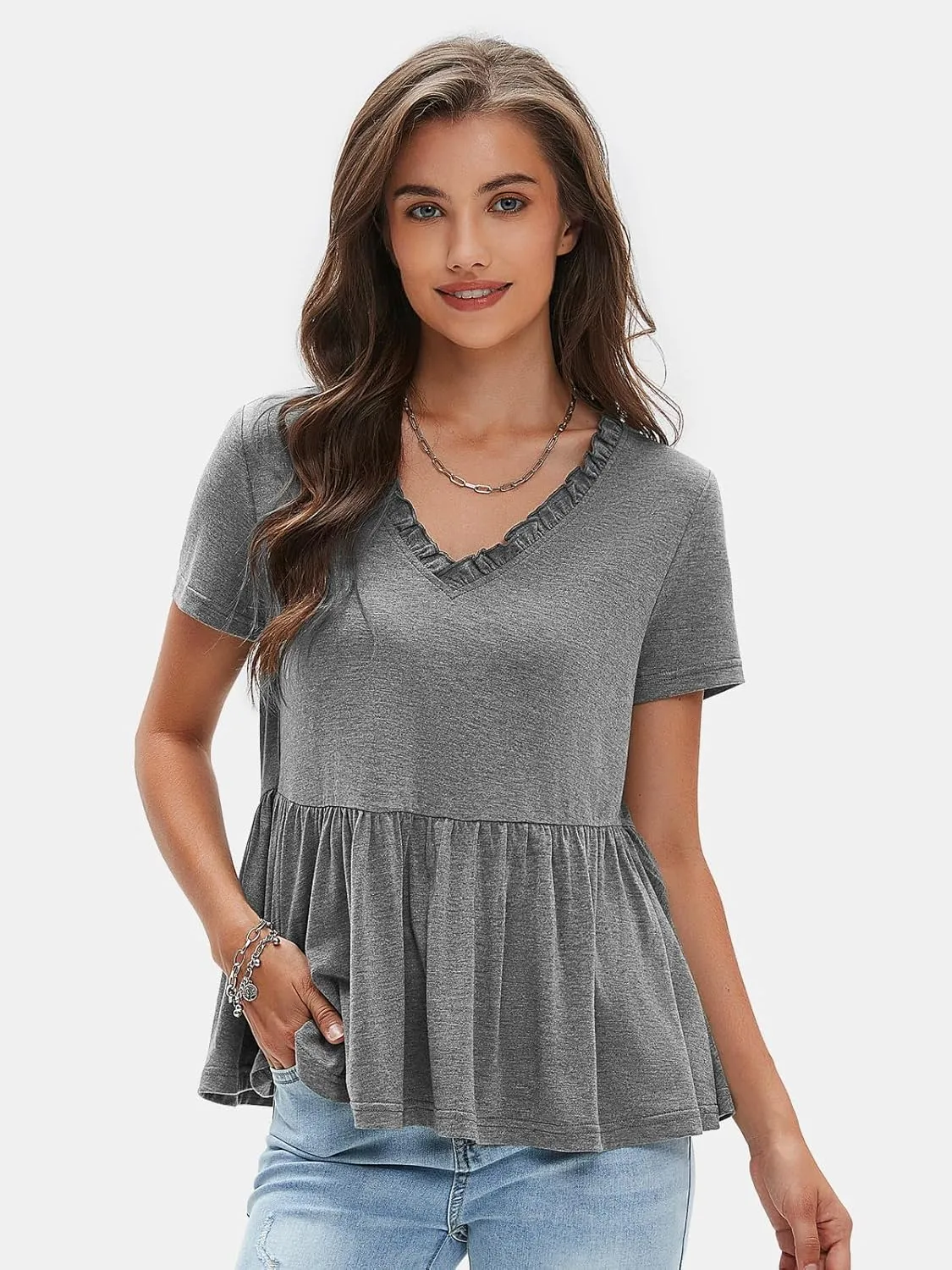 EXLURA Women's Summer Crop Babydoll Peplum Tops Cute V Neck Short Sleeve Business Casual Trendy T Shirts Beach Vacation 2025