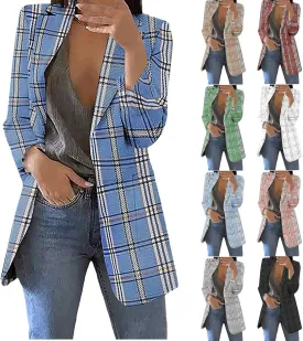 Fashion Plaid Blazer for Women Casual Lapel Collared Work Office Suit Jacket with Pockets Cozy Slim Fit Business Coat