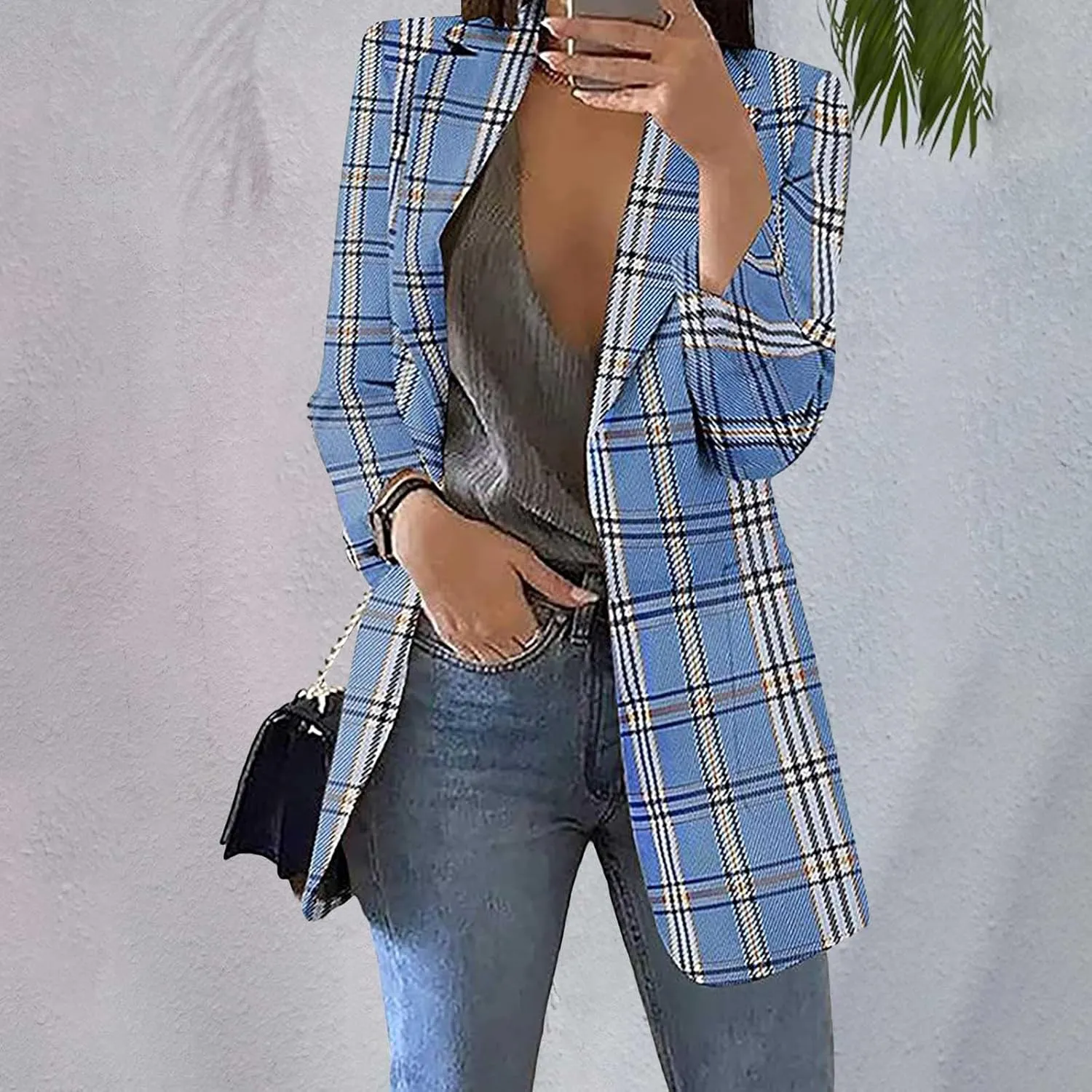 Fashion Plaid Blazer for Women Casual Lapel Collared Work Office Suit Jacket with Pockets Cozy Slim Fit Business Coat